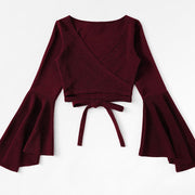 Dark Red Batwing Crop Top Chic Autumn Women's Tee