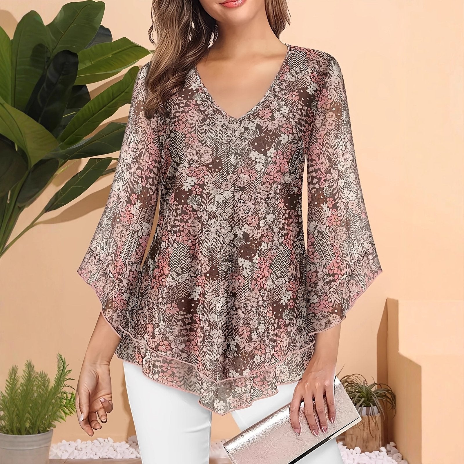 Floral Print V-Neck Chiffon Long Sleeve Top
