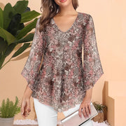 Floral Print V-Neck Chiffon Long Sleeve Top