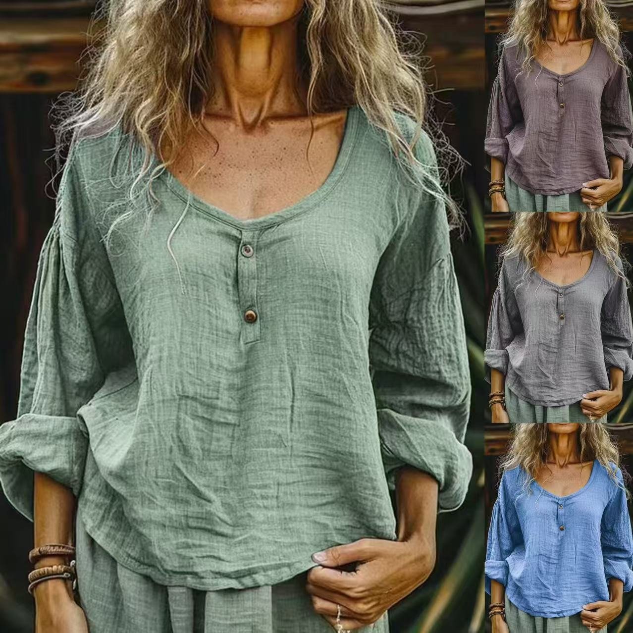 Women's Casual Loose Linen Long Sleeve Solid Color Top