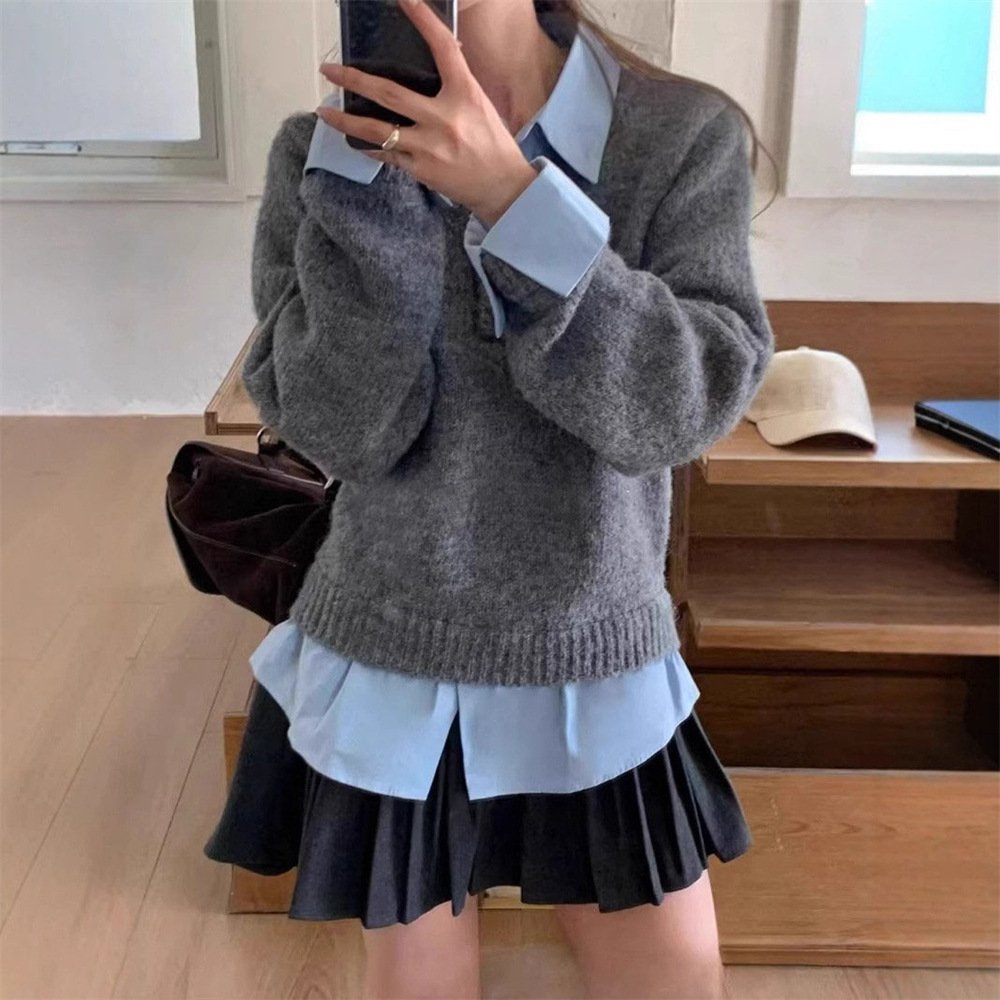 Chic Fake Two-Piece Polo Collar Knit Sweater