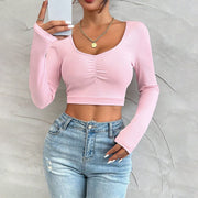 Slim-Fit U-Neck Long-Sleeve Crop Top