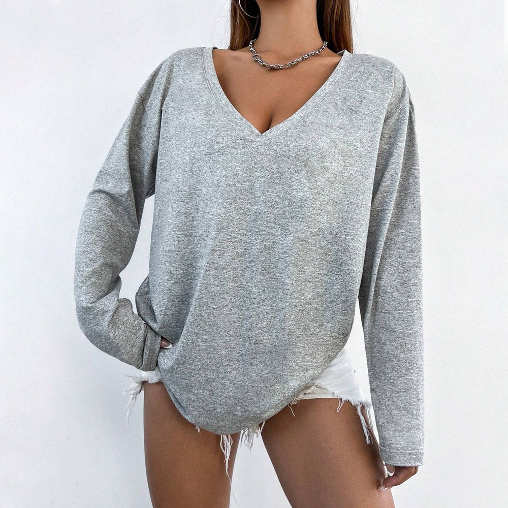 Women's Solid V-Neck Casual Long-Sleeve T-Shirt
