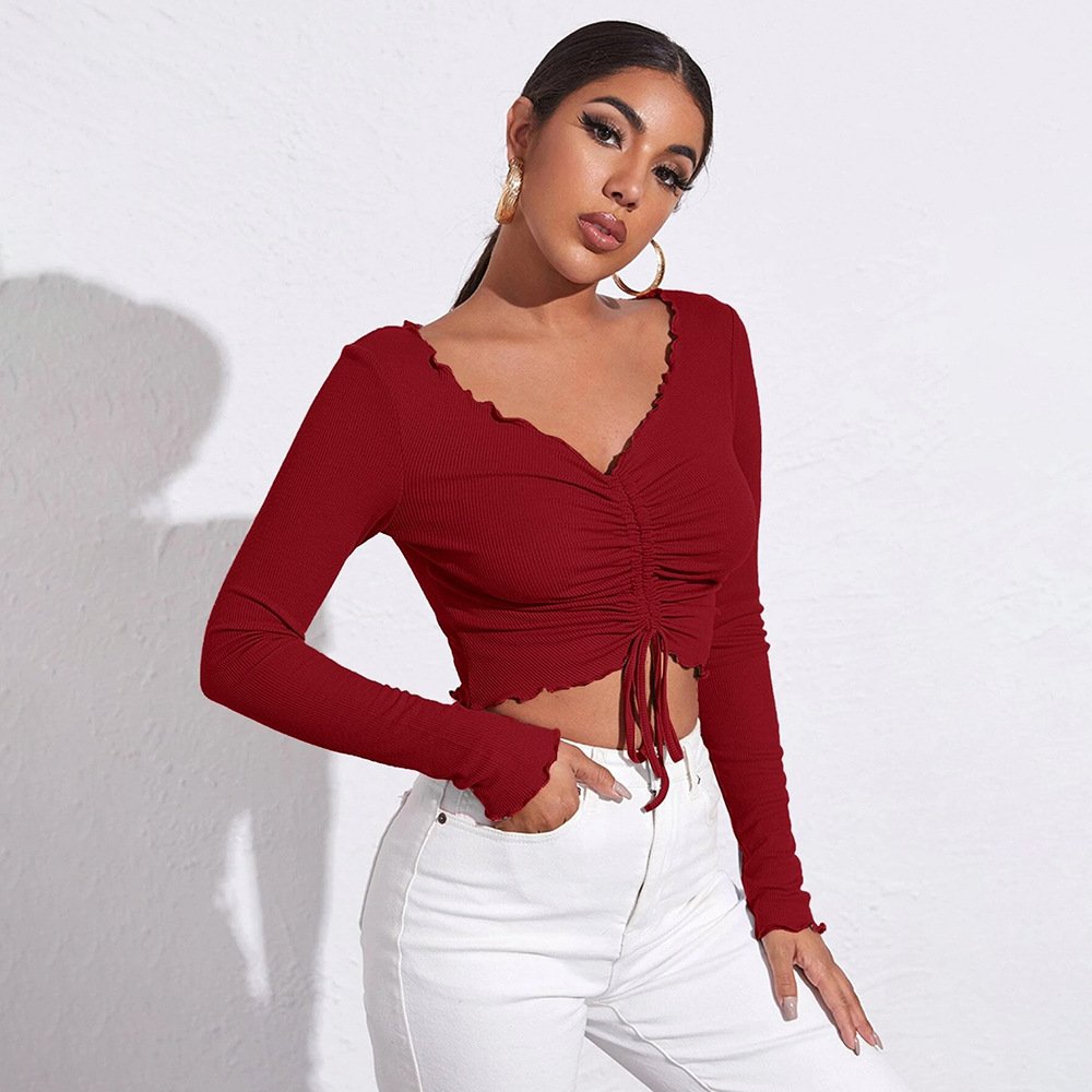 Chic V-Neck Ruched Slim-Fit Knit Long-Sleeve Crop Top