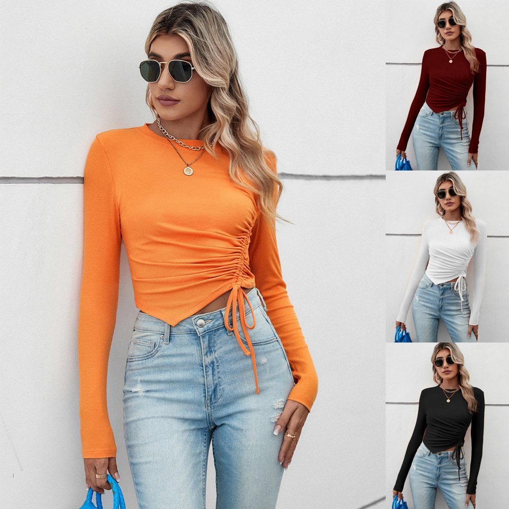 Slim-Fit Ruched Long-Sleeve Casual Top for Women