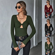Women's Hollow-Out V-Neck Slim Knit Long-Sleeve Top