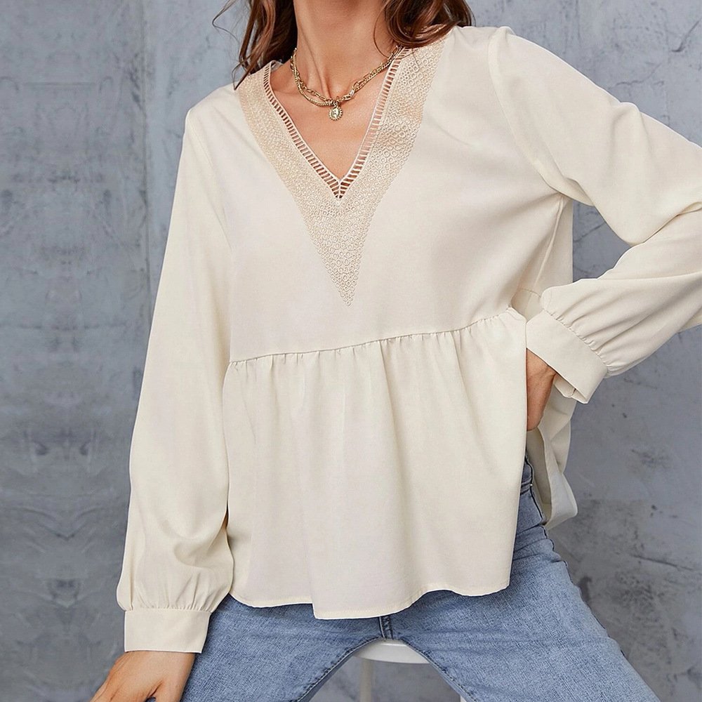 Women's Elegant Lace V-Neck Long Sleeve Top