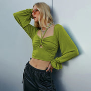 Hollow-Out Puff Sleeve Crop Top