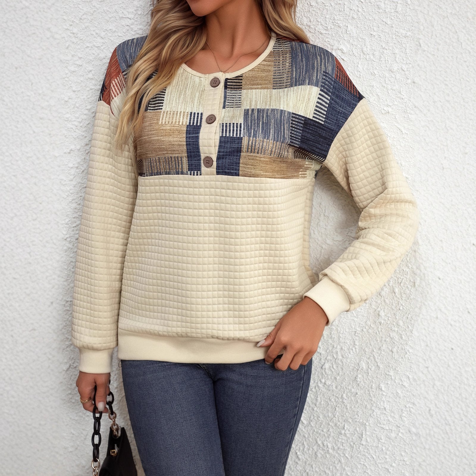 Chic Color-Blocked V-Neck Casual Loose Top for Women