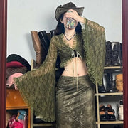 Retro V-Neck Lace Bell Sleeve Sunshade Blouse