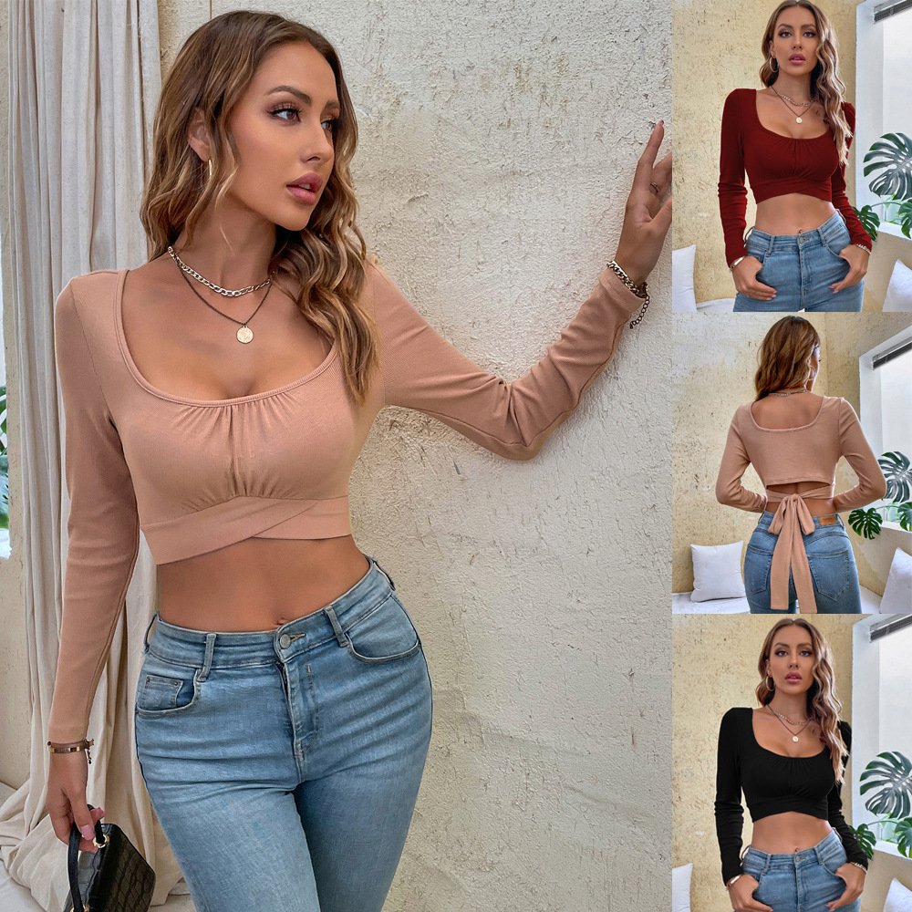 Slim-Fit Tie-Waist Cropped Square-Neck Long-Sleeve Top