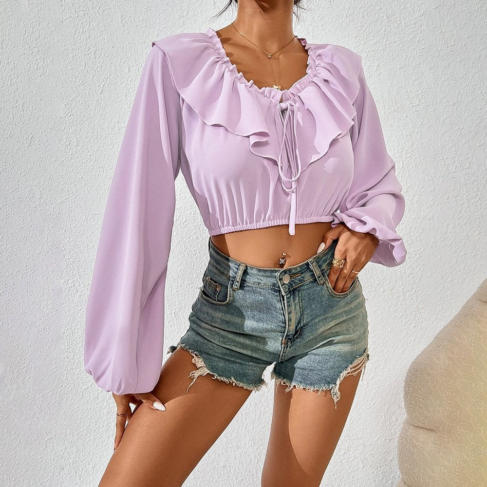 Ruffled Puff Sleeve Ultra-Short Top