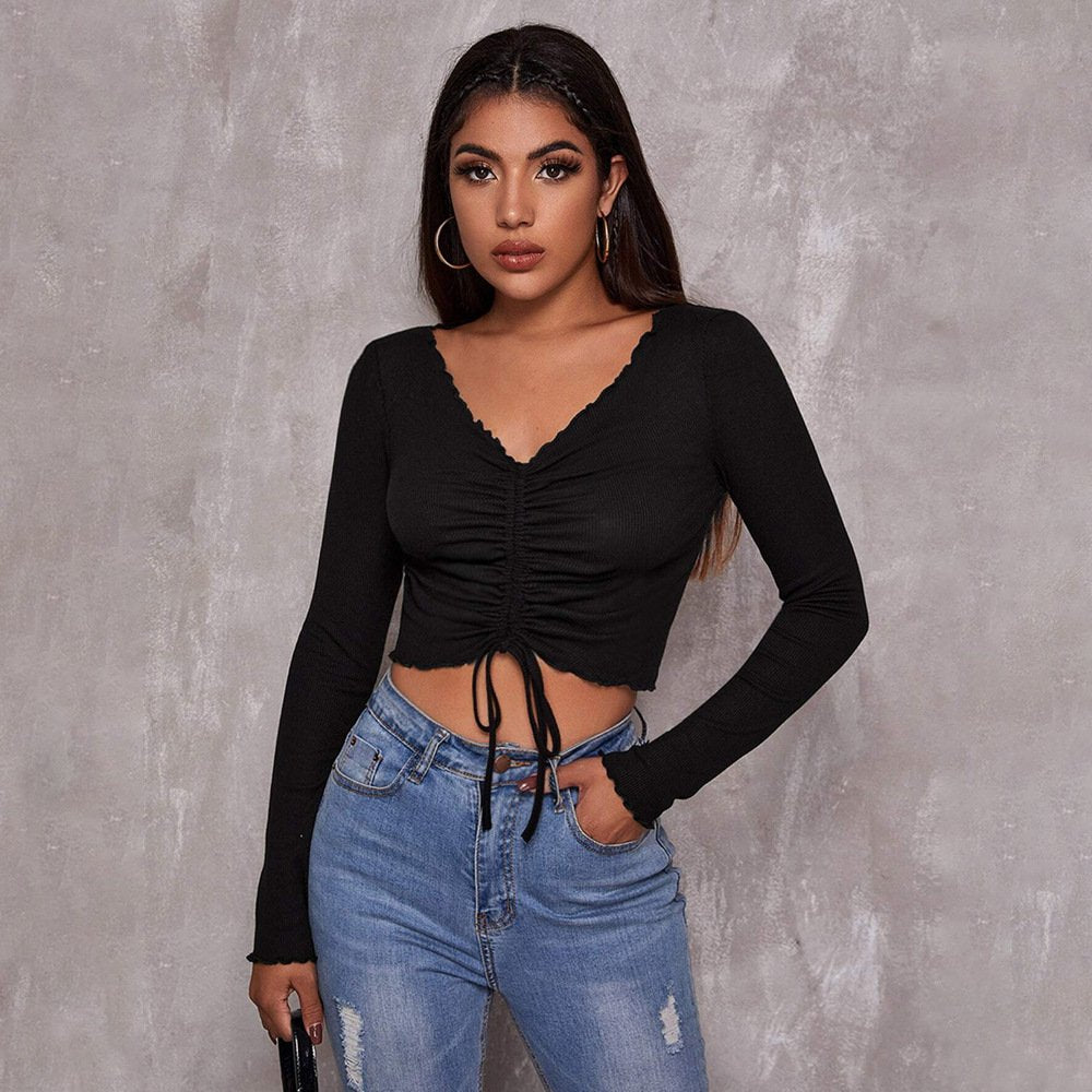 Chic V-Neck Long-Sleeve Slim Fit Lace-Up T-Shirt