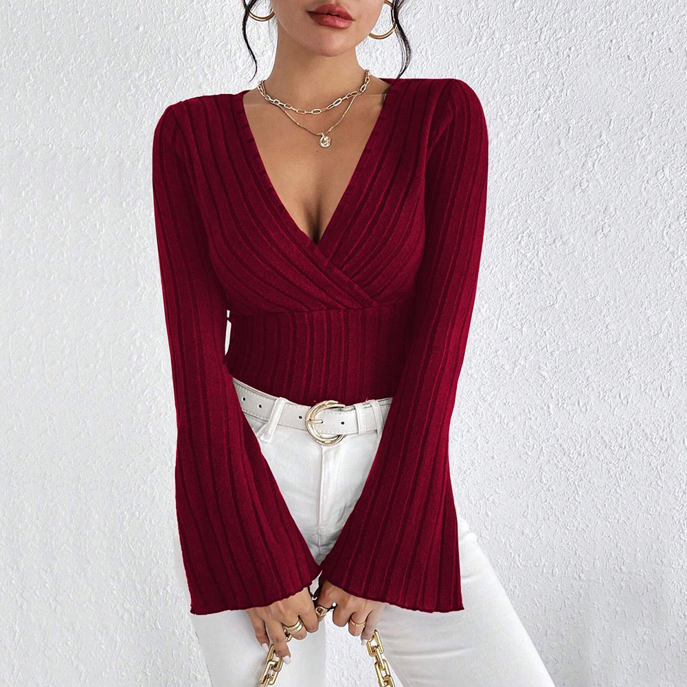 Wine Red V-Neck Flared Sleeve Slim Base Layer Top