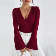 Wine Red V-Neck Flared Sleeve Slim Base Layer Top
