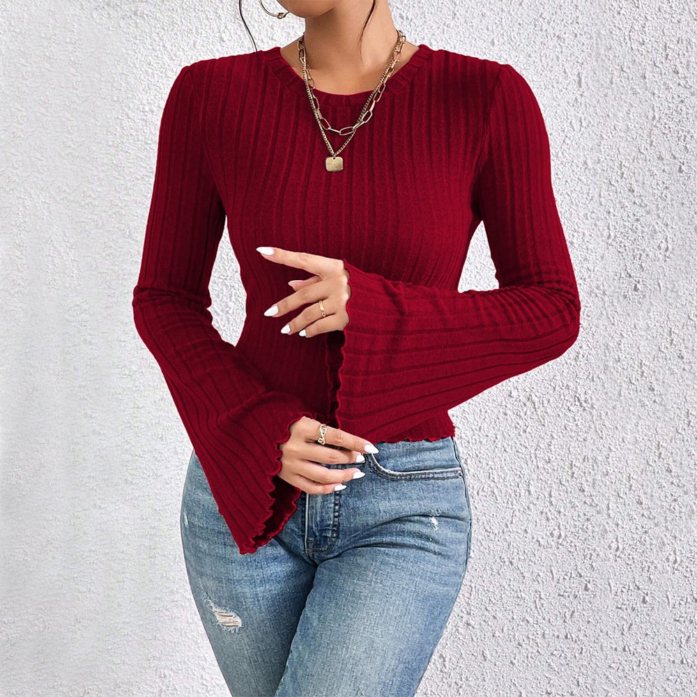 Wine Red Flared Sleeve Slim Top