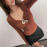 Elegant Metal-Button Slim Flare Sleeve Top