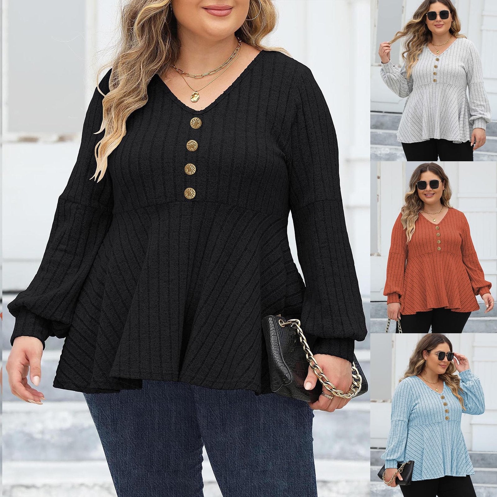 Plus Size Doll Collar Striped Long-Sleeve Shirt