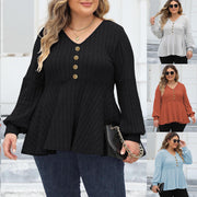 Plus Size Doll Collar Striped Long-Sleeve Shirt