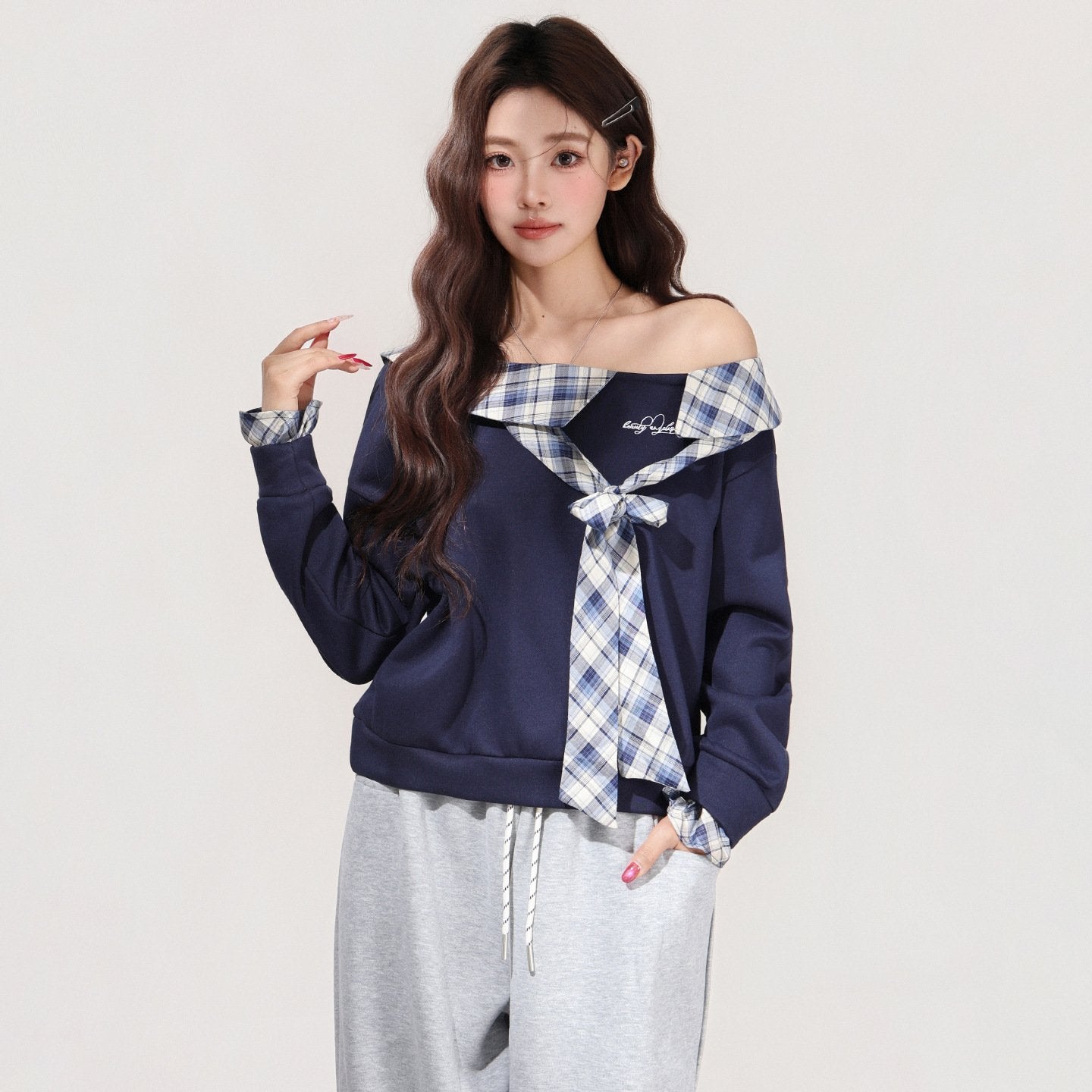 Plaid Bow Off-Shoulder Long-Sleeve Shirt
