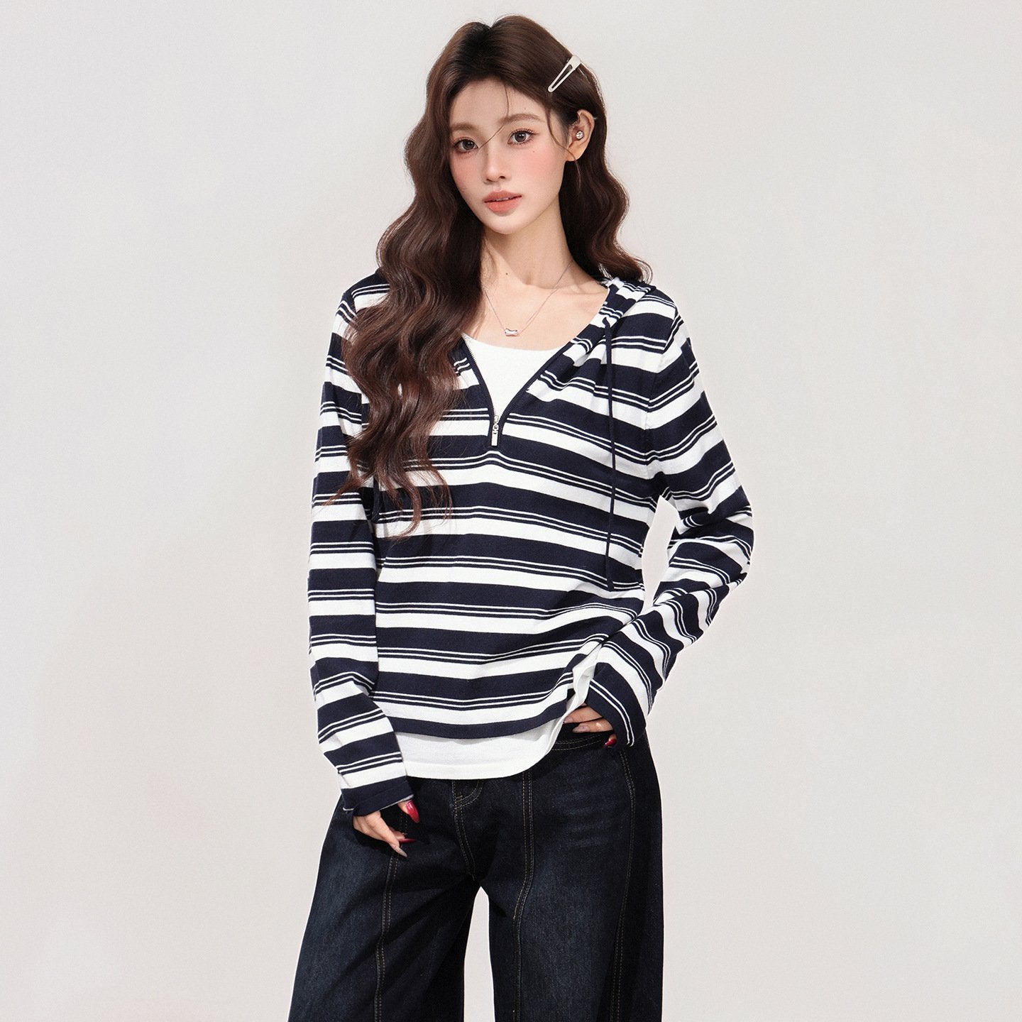 Chic Striped Fake Two-Piece Hooded Long-Sleeve Top