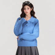 Blue Lapel Knitted Sweater Casual Women's Top