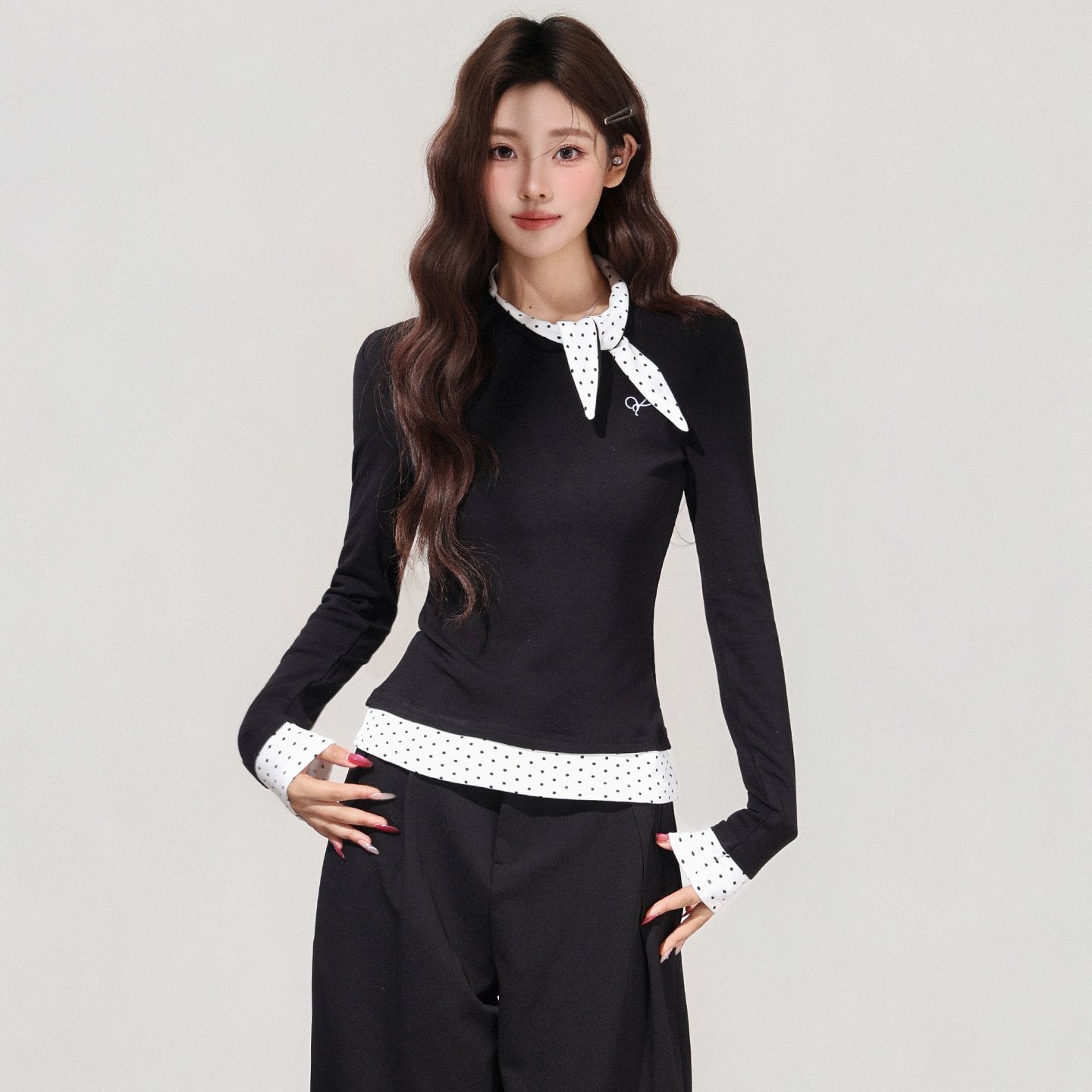 Black Polka Dot Bow Fake Two-Piece Long Sleeve Top
