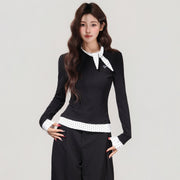 Black Polka Dot Bow Fake Two-Piece Long Sleeve Top