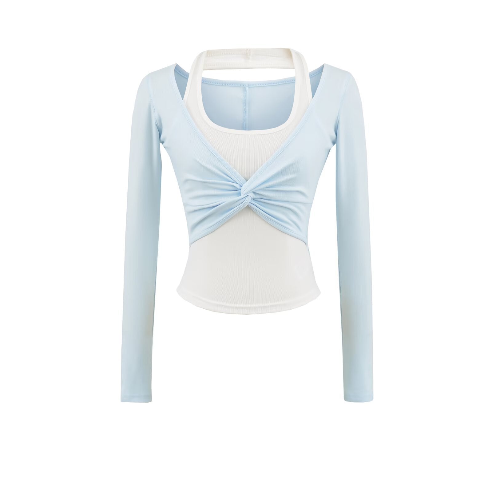 Chic Colorblock Halterneck Long-Sleeve Slim Top