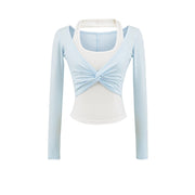Chic Colorblock Halterneck Long-Sleeve Slim Top