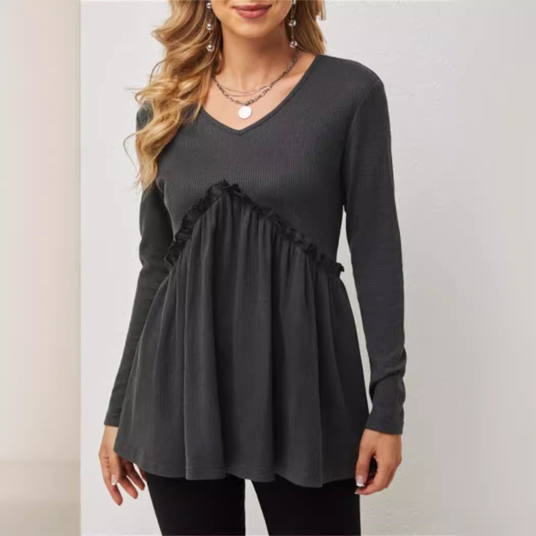 Women's Ruffled V-Neck Pleated Loose Waffle Knit Top