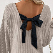 Elegant Bow-Back Satin Ribbon Long-Sleeve Top