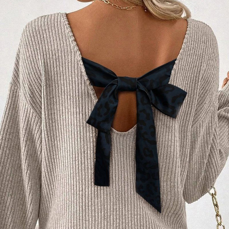 Elegant Bow-Back Satin Ribbon Long-Sleeve Top
