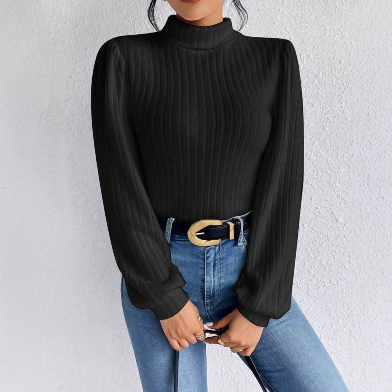 Elegant Lantern Sleeve Brushed Knit Top