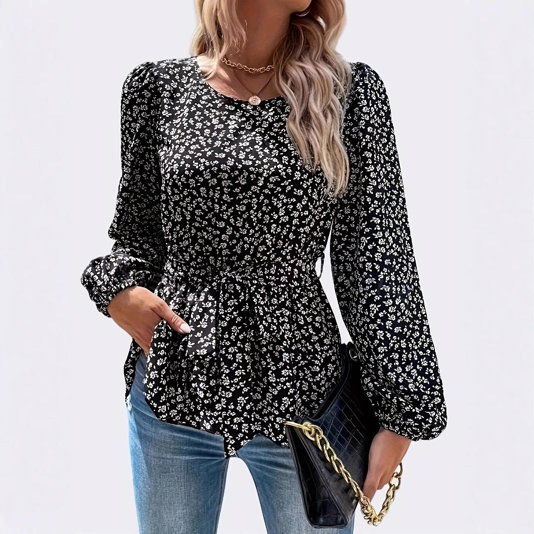 Elegant V-Neck Printed Belted Women's T-Shirt