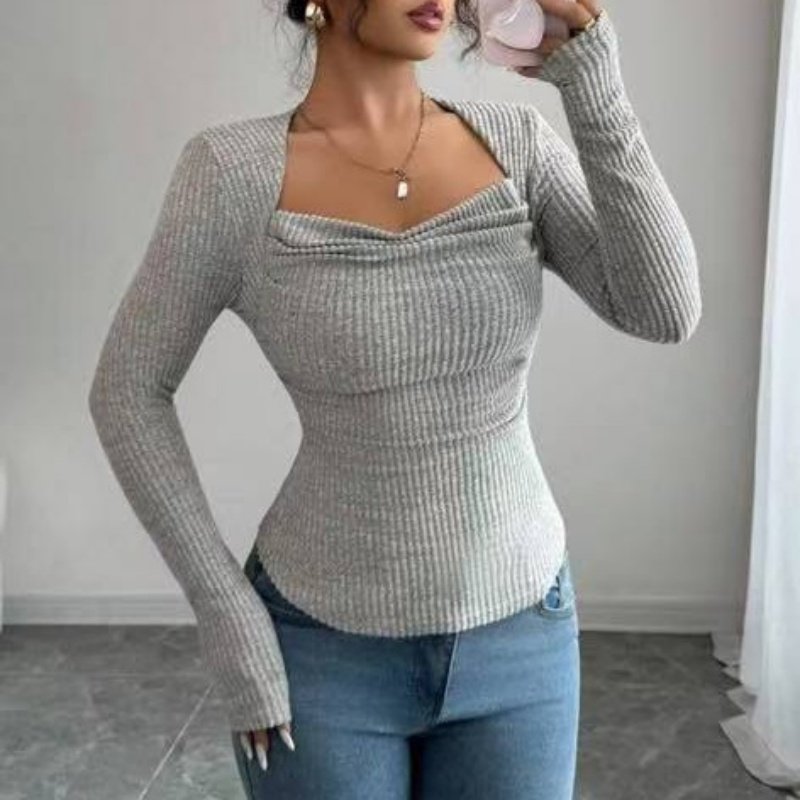 Ribbed Square-Neck Long-Sleeve Knit Top