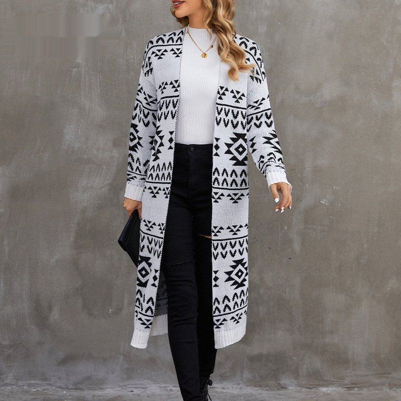 Chic Geometric Jacquard Knit Cardigan Sweater