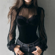 Elegant Black Lace Floral Mesh Long-Sleeve Top