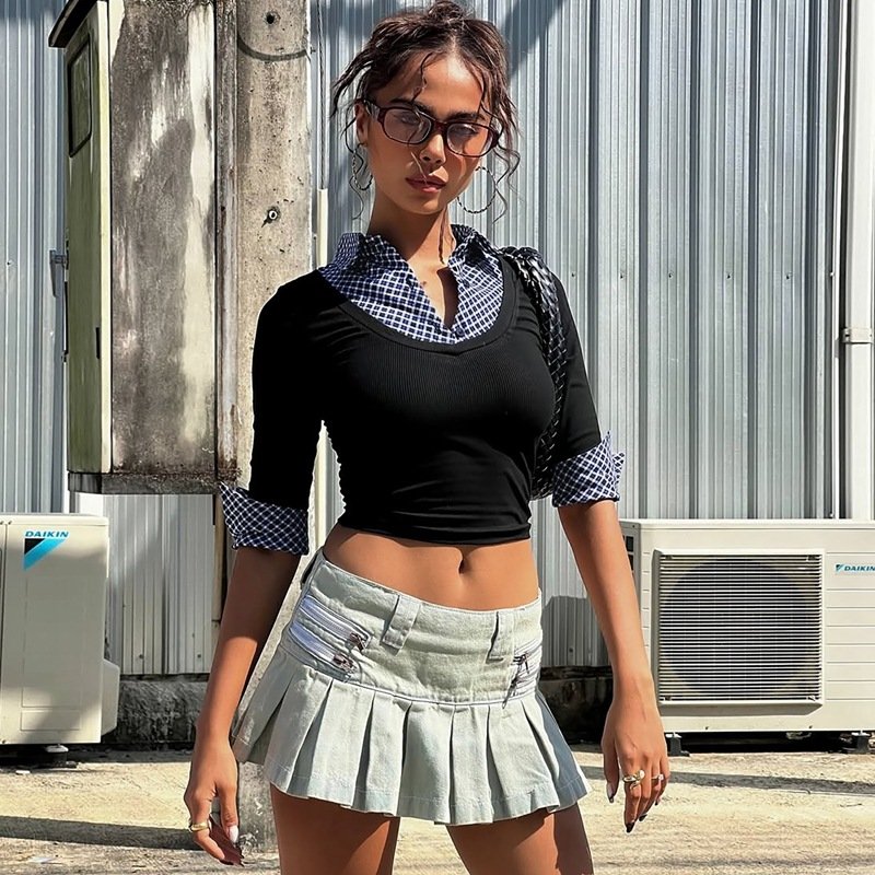 Chic Plaid Patchwork Mock Two-Piece Long-Sleeve Polo Top