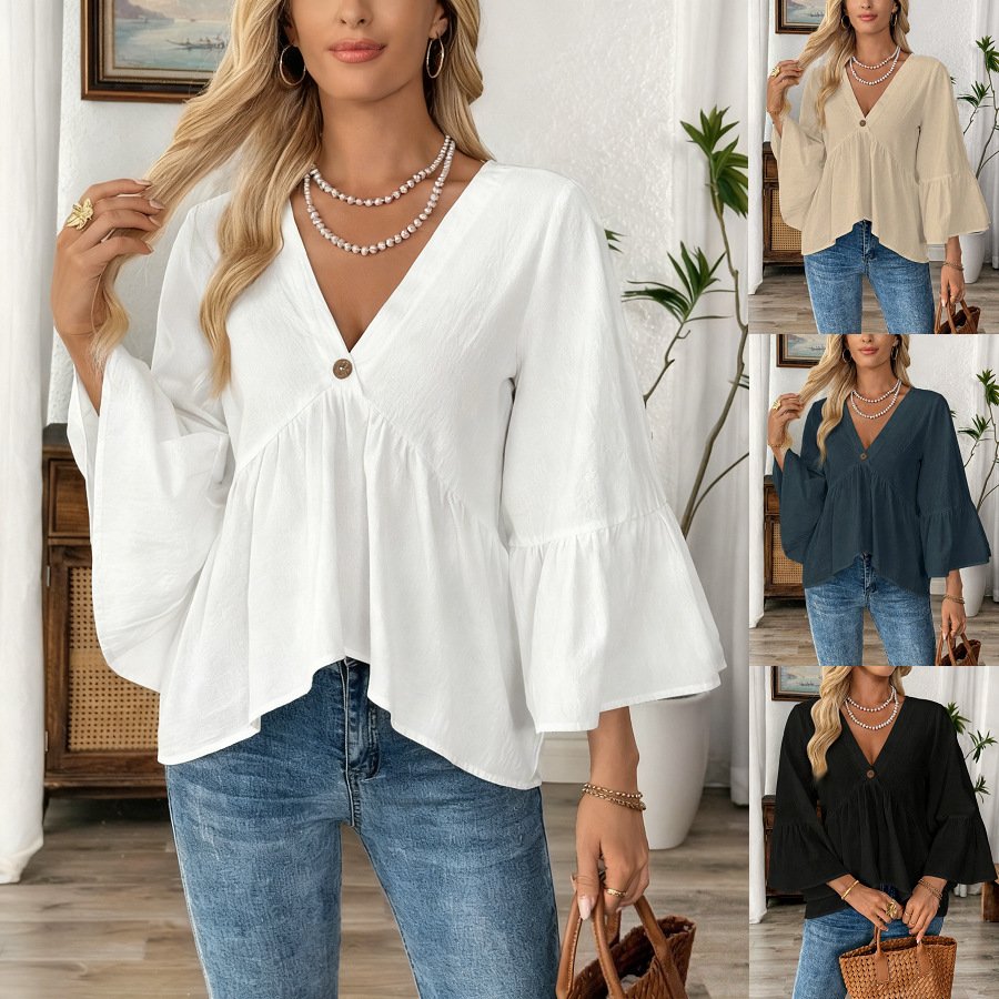 Women's Solid V-Neck Ruffle Sleeve Top