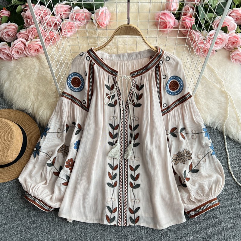 Boho Embroidered Lace-Up Lantern Sleeve Top