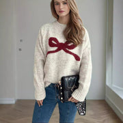 Sweet Bow-Tie Knit Sweater - Cozy Long Sleeve Pullover