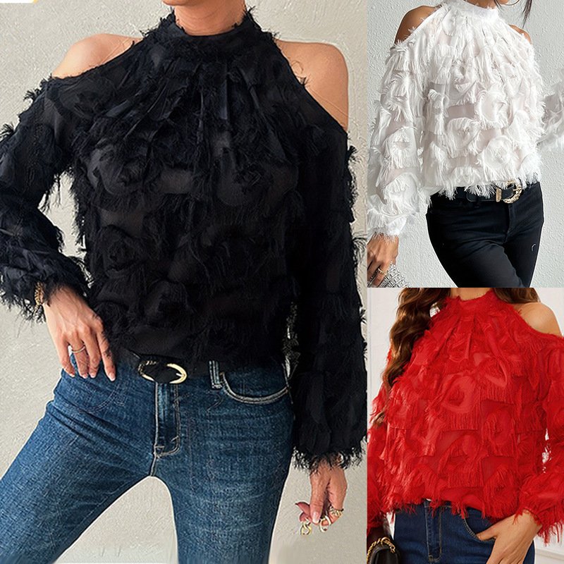 Chic French Off-Shoulder Fringed Blouse