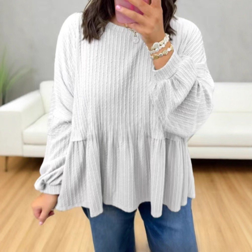 Sweet Lantern Sleeve Solid Crewneck Top