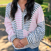 Colorblock Striped Half-Zip Drop-Shoulder Long-Sleeve Top