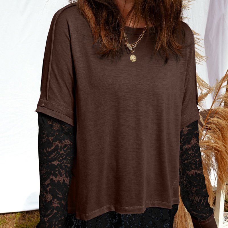 Beige Sheer Lace Patchwork Casual Long-Sleeve Tee