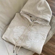Retro Loose Fit Hoodie with Sweet Lace Trim Bowtie Design