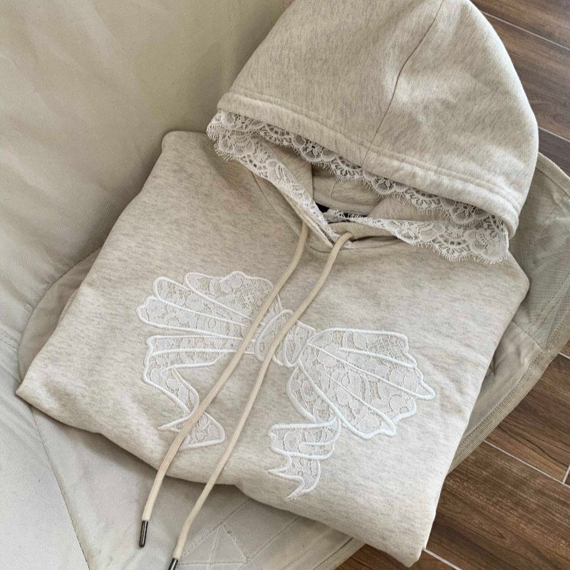 Retro Loose Fit Hoodie with Sweet Lace Trim Bowtie Design