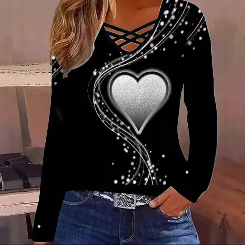 Chic Heart V-Neck Long Sleeve Women's Casual Top
