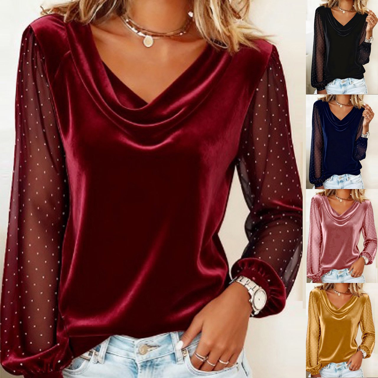 Elegant Velvet V-Neck Rhinestone Mesh Sleeve Top